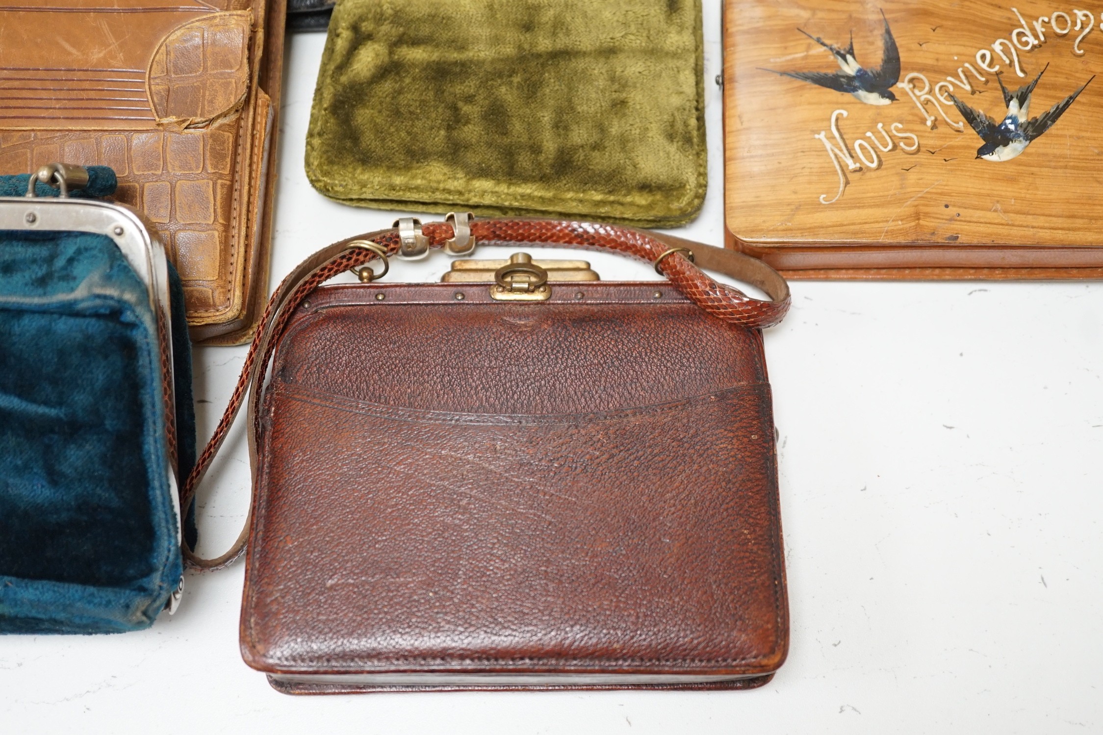 A collection of nine late 19th century to 1940’s mixed leather ladies handbags with ‘Doctors bag’ style metal clasps
